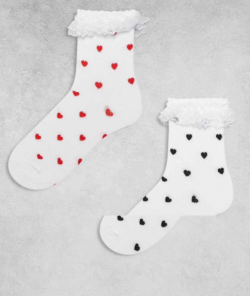 Pieces - 2er-Pack Socken in Weiß mit Herzprint und Kräuselsaum von Pieces