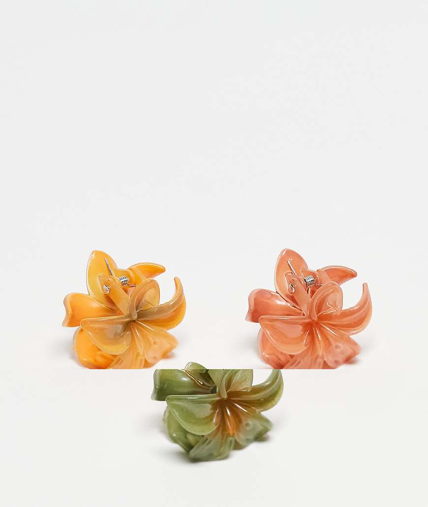 Pieces - 3er-Pack Mini-Haarklammern mit hawaiianischem Blumen-Design in Grün und Orange-Bunt von Pieces