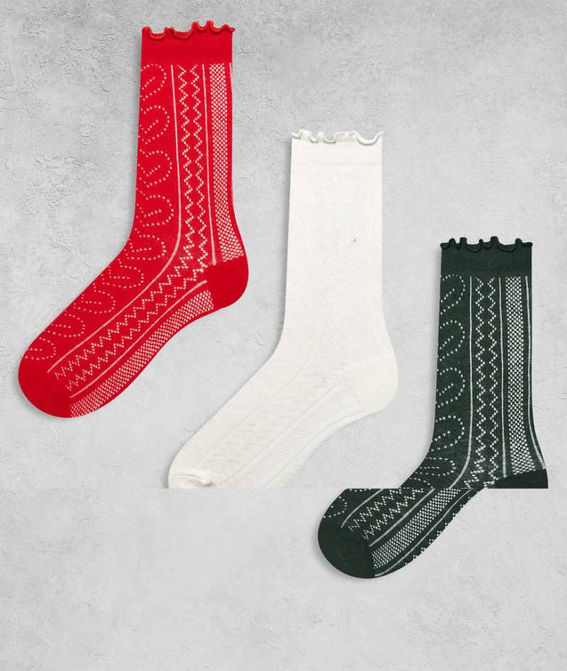 Pieces - 3er-Pack Pointelle-Socken in verschiedenen Farben mit Rüschen-Bunt von Pieces