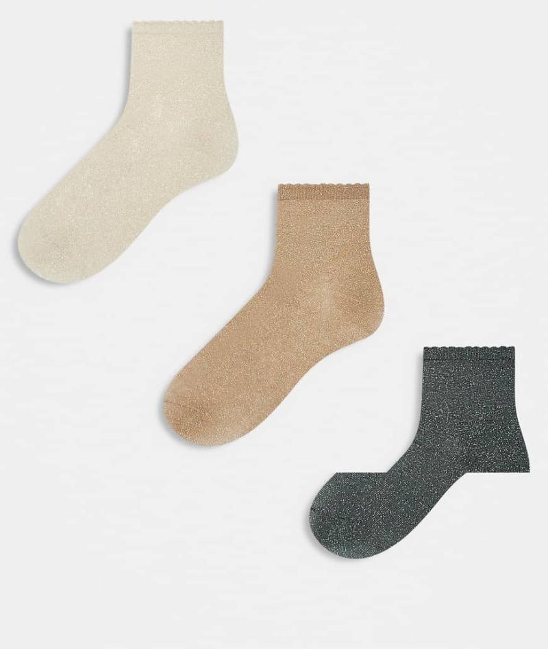 Pieces - 3er-Pack Socken in Grau, Camel und Birke mit Muschelsaum-Bunt von Pieces