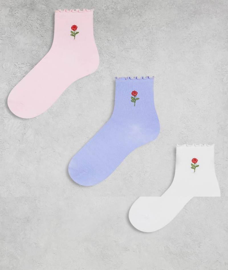 Pieces - 3er-Pack Socken in verschiedenen Farben mit Rosenstickerei-Bunt von Pieces