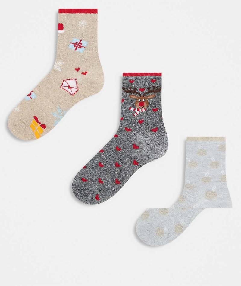 Pieces - 3er-Pack glitzernde Socken in Hellgrau meliert mit weihnachtlichen Designs von Pieces