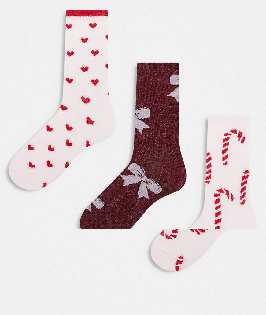 Pieces - 3er-Pack glitzernde Socken in Hellrosa mit weihnachtlichen Designs von Pieces
