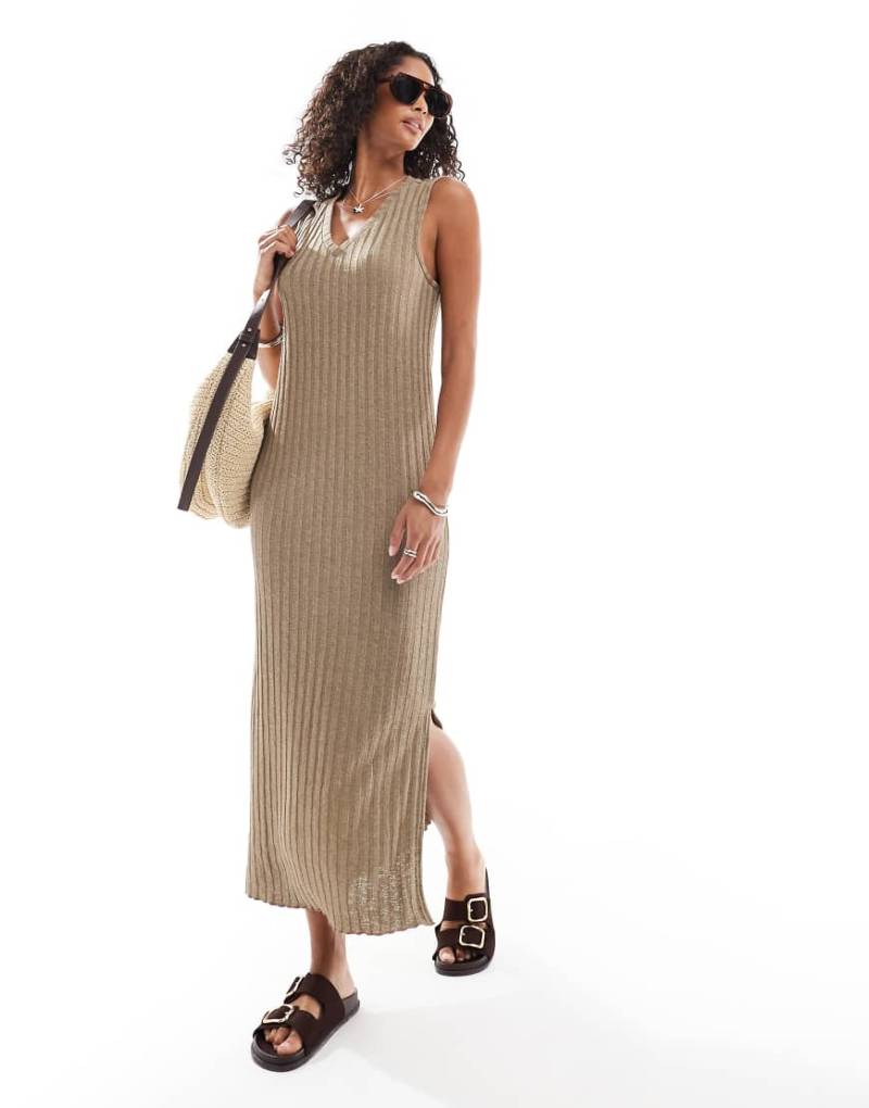 Pieces - Ärmelloses Midikleid in Beige mit V-Ausschnitt-Neutral von Pieces