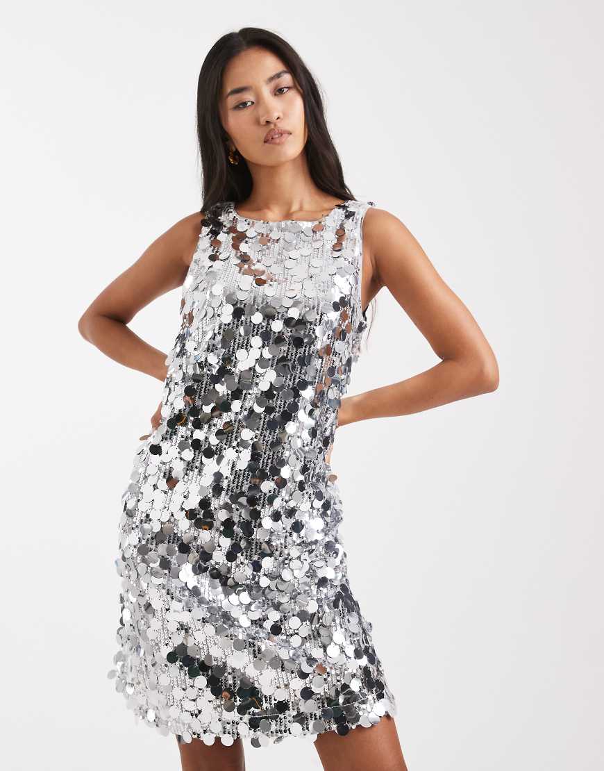 Pieces - Ärmelloses Minikleid in Silber mit Pailletten in Scheibenoptik von Pieces