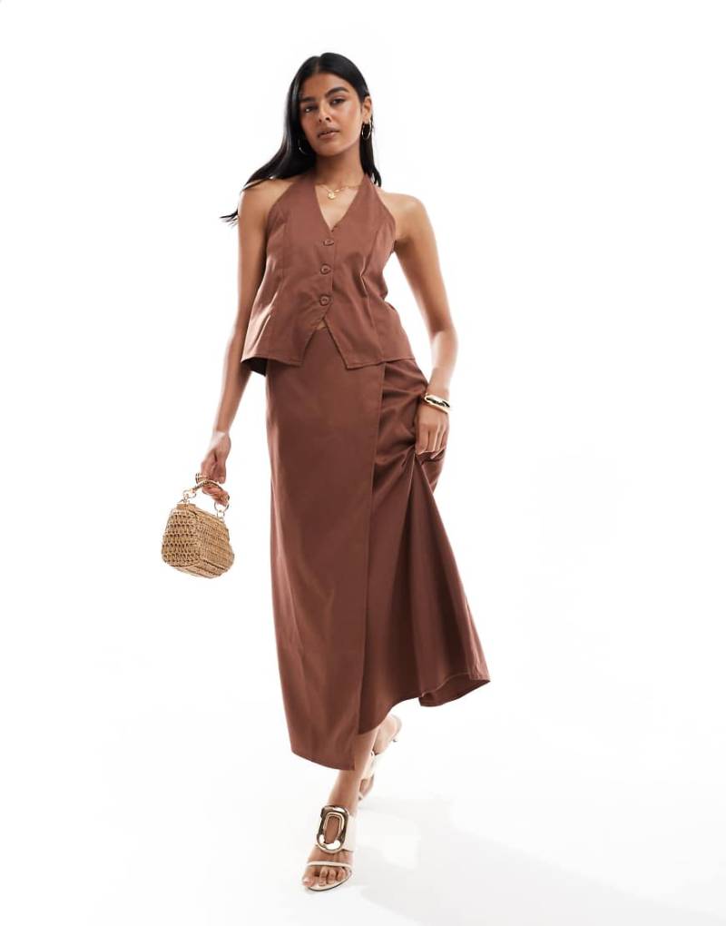 Pieces - Asymmetrischer Midirock in Schokobraun, Kombiteil von Pieces