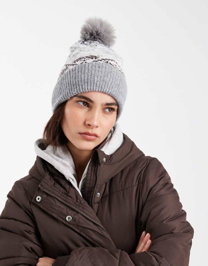 Pieces - Bommelmütze in Hellgrau mit Norwegermuster von Pieces