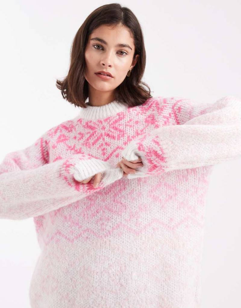 Pieces - Hochgeschlossener Strickpullover mit pastelligem Norwegermuster-Rosa von Pieces