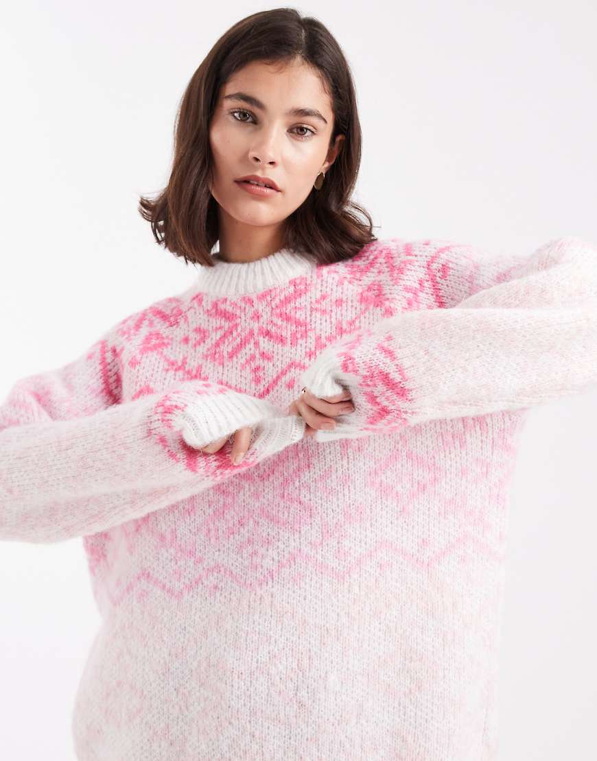 Pieces - Hochgeschlossener Strickpullover mit pastelligem Norwegermuster-Rosa von Pieces