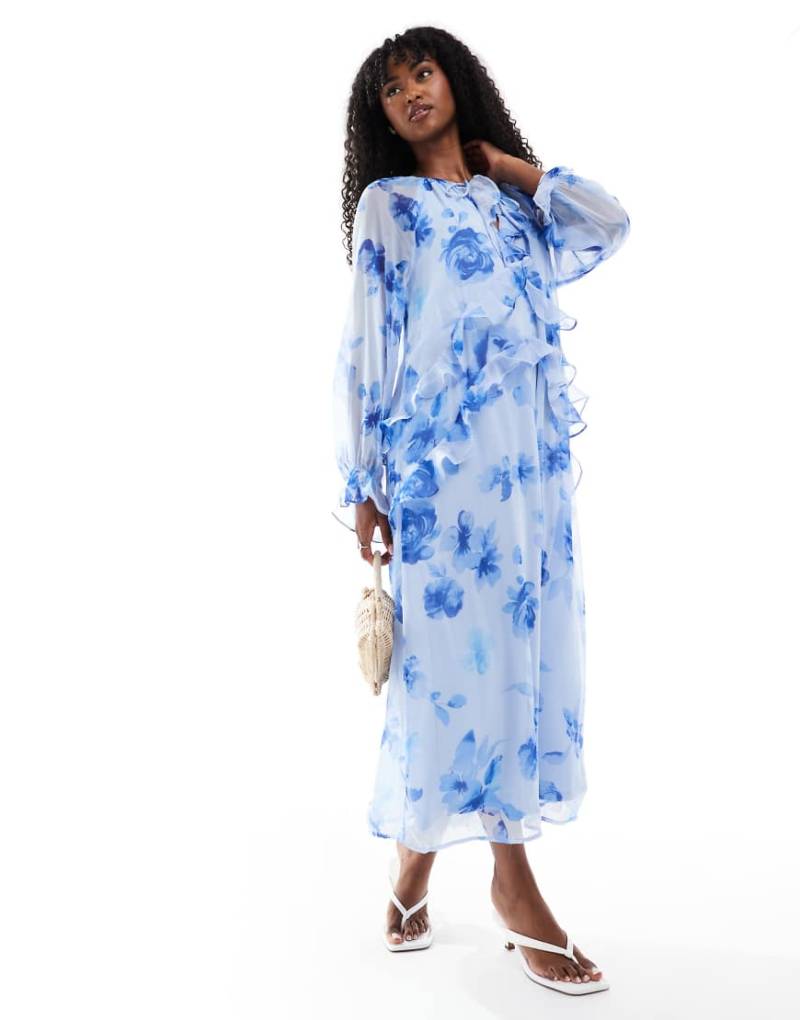 Pieces - Langärmliges Maxikleid in Blassblau mit Rüschen und Blumenmuster-Gelb von Pieces