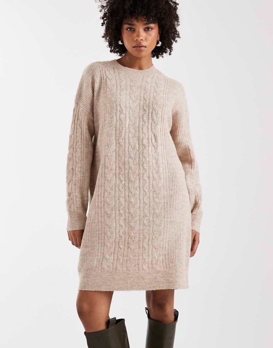 Pieces - Mini-Strickkleid in Beige meliert mit Zopfmuster-Neutral von Pieces