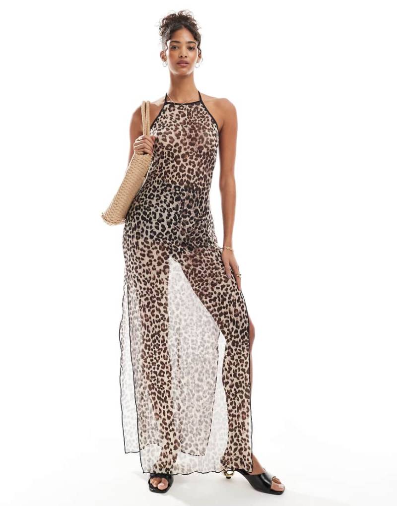 Pieces - Neckholder-Maxi-Strandkleid aus Netzstoff mit Leopardenmuster-Bunt von Pieces