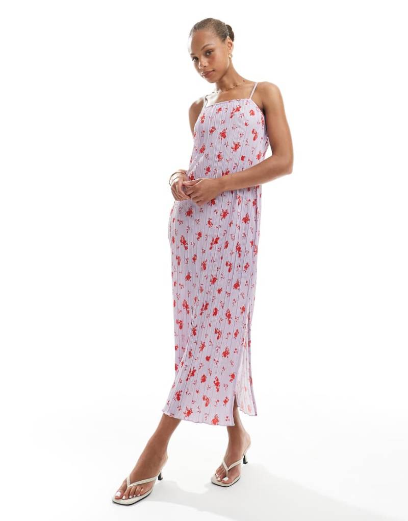 Pieces - Plissiertes Cami-Midikleid in Lavendel mit Blumenprint-Lila von Pieces