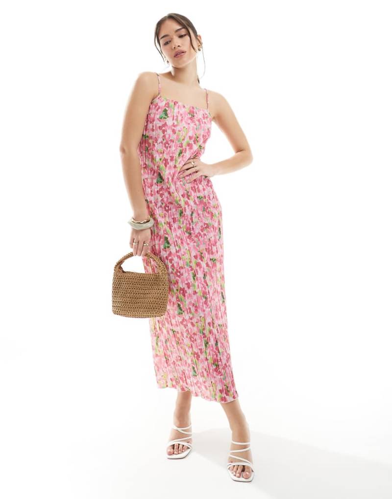 Pieces - Plissiertes Camisole-Maxikleid in Rosa mit Wasserfallausschnitt und Blumenmuster von Pieces