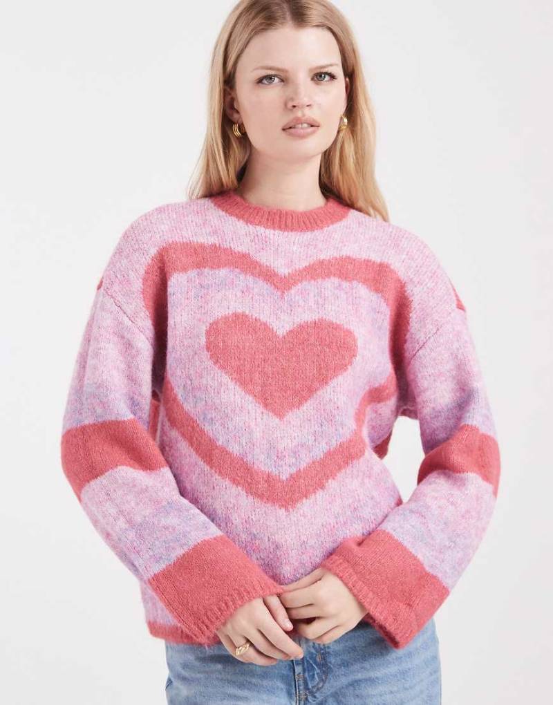 Pieces - Pullover in Rosa mit großflächigem Herzmotiv von Pieces