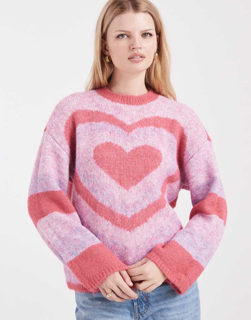 Pieces - Pullover in Rosa mit großflächigem Herzmotiv von Pieces