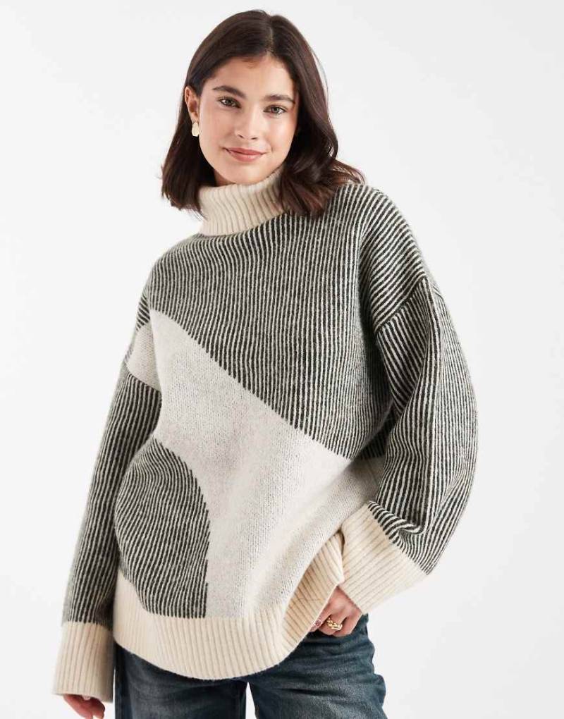 Pieces - Rollkragenpullover in Neutral mit abstraktem Muster von Pieces