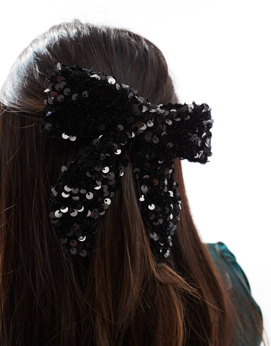Pieces - Schleifen-Haarspange in Schwarz mit Paillettenverzierung von Pieces
