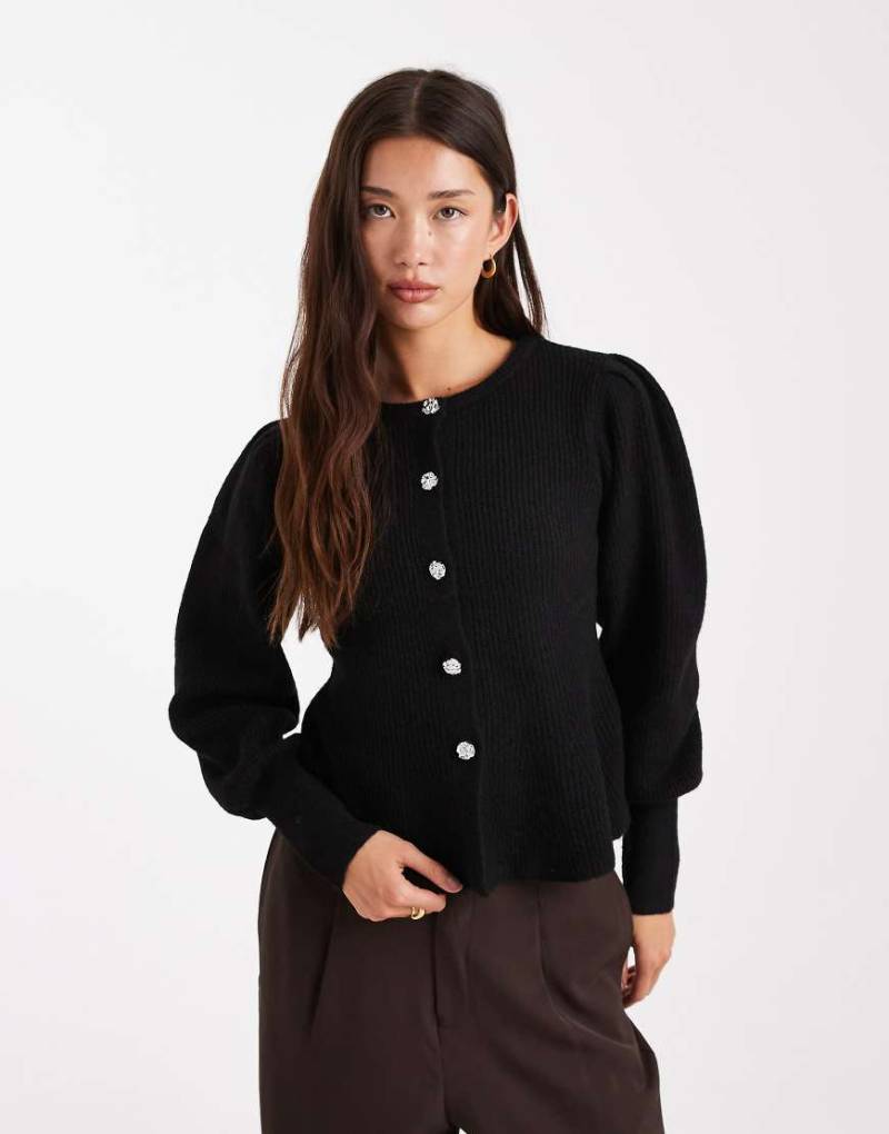 Pieces - Schwarze Strickjacke mit geraffter Taille, Ballonärmeln und Knöpfen in gehämmerter Optik von Pieces