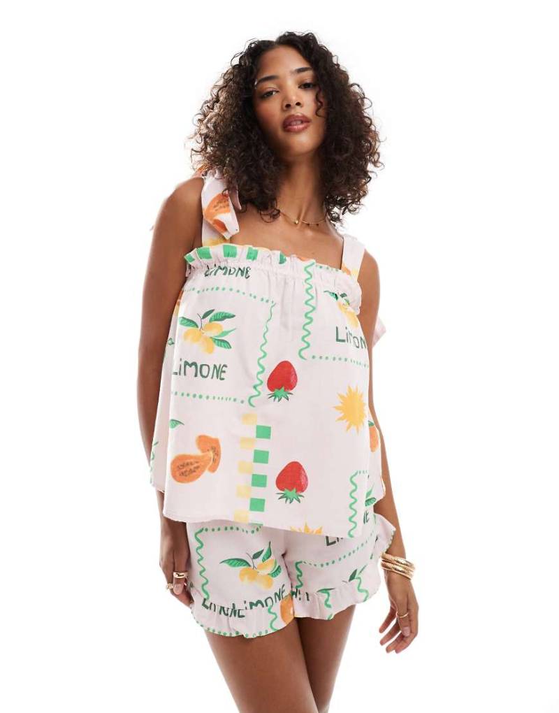 Pieces - Shorts in Blassrosa mit hohem Bund und Obst-Print, Kombiteil von Pieces