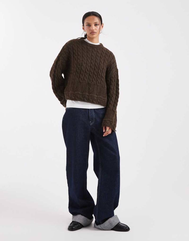 Pieces - Strickpullover in Schokobraun mit Zopfstrickmuster-Brown von Pieces