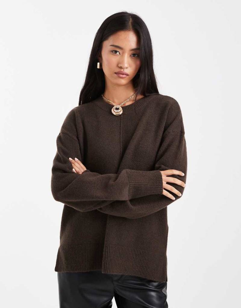 Pieces - Strickpullover in schokobraun meliert mit Ziernaht-Brown von Pieces