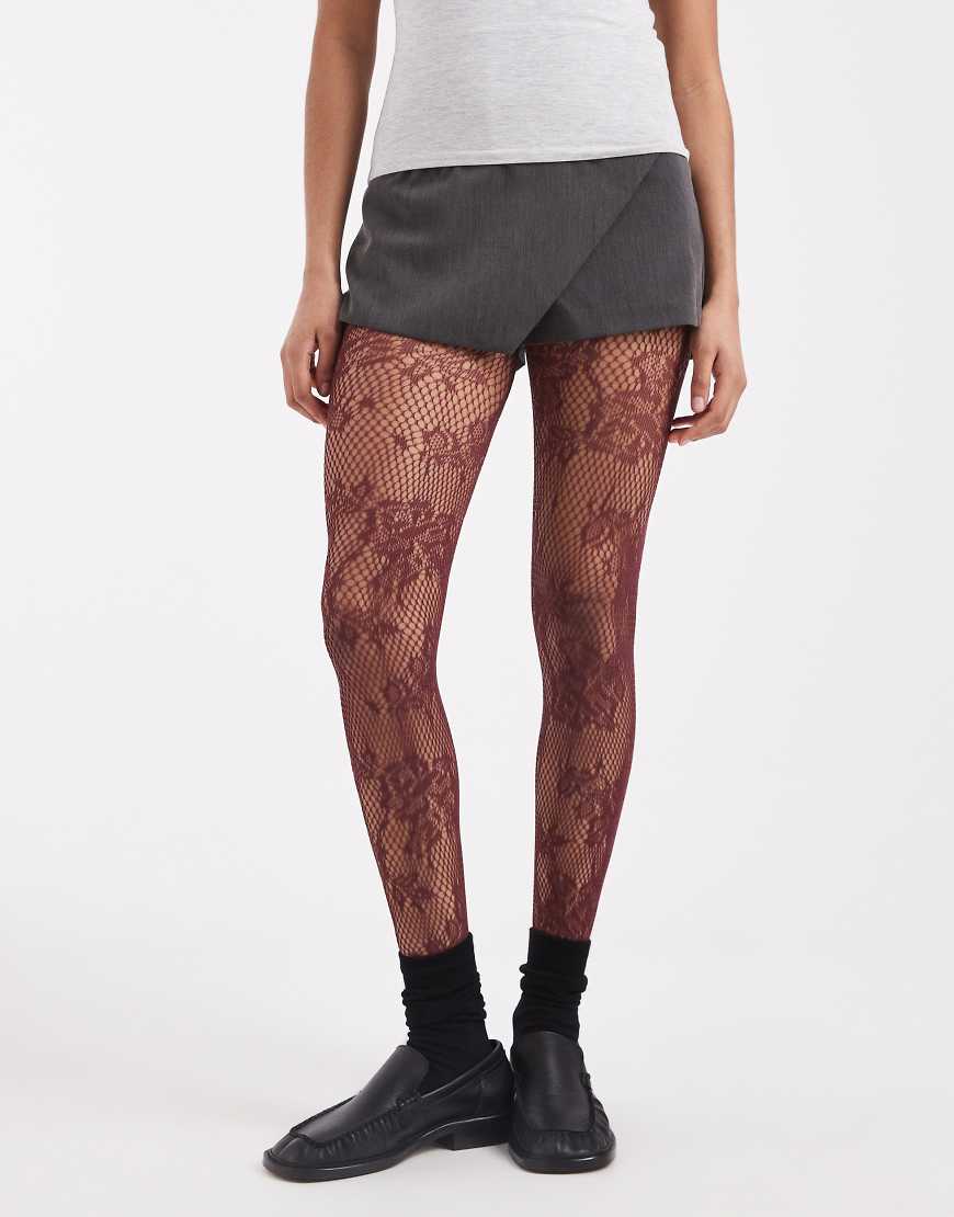 Pieces - Strumpfhose aus Spitze in Burgunderrot von Pieces