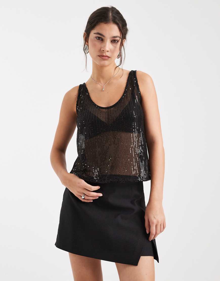 Pieces - Transparentes Cami-Top in Schwarz mit Pailletten von Pieces