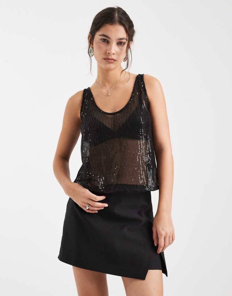 Pieces - Transparentes Cami-Top in Schwarz mit Pailletten von Pieces
