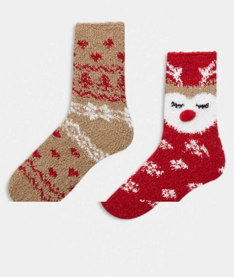 Pieces - Weihnachten - 2er-Pack flauschige Rentiersocken in Beige-Neutral von Pieces