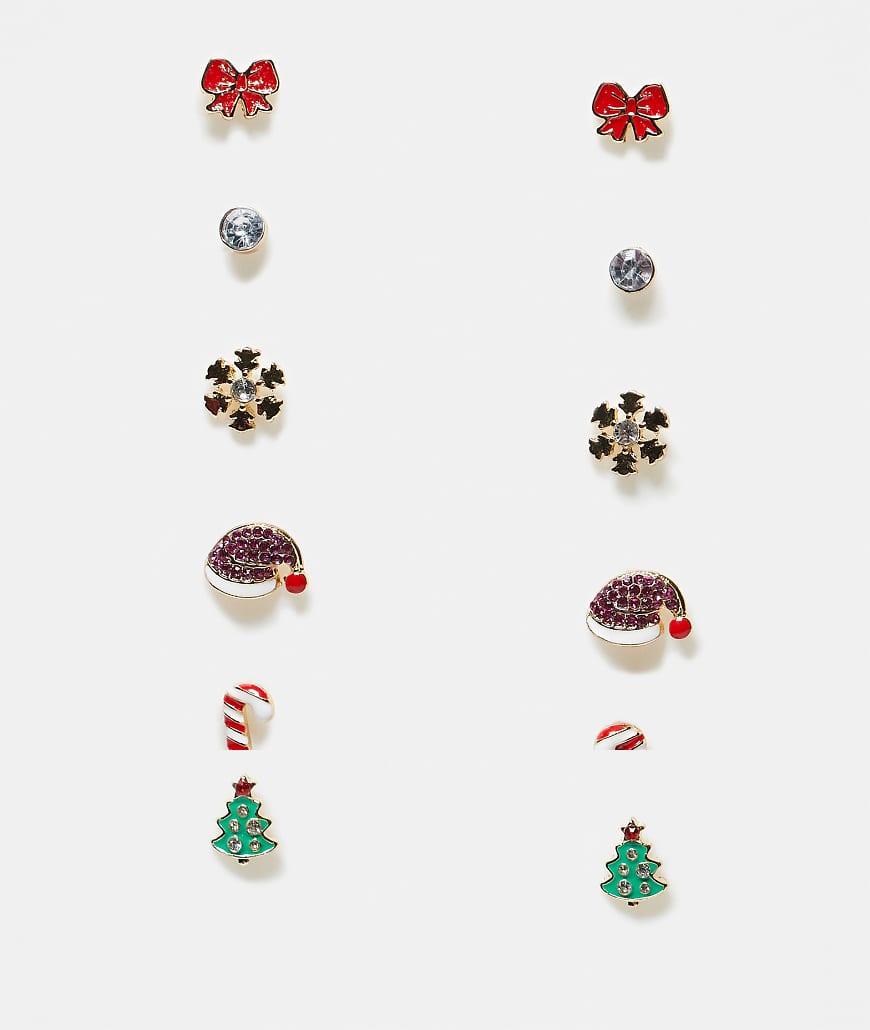 Pieces - Weihnachten - 6er-Pack bunte Ohrringe mit Weihnachtsmann-Motiv-Goldfarben von Pieces