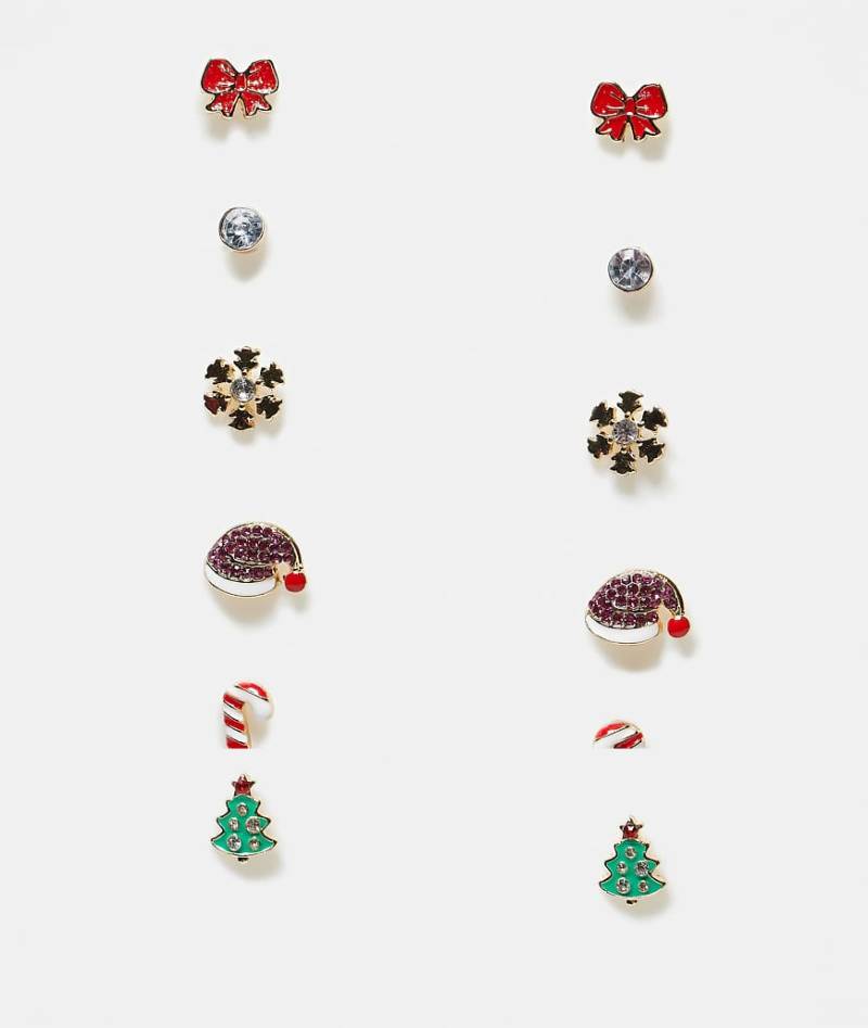 Pieces - Weihnachten - 6er-Pack bunte Ohrringe mit Weihnachtsmann-Motiv-Goldfarben von Pieces