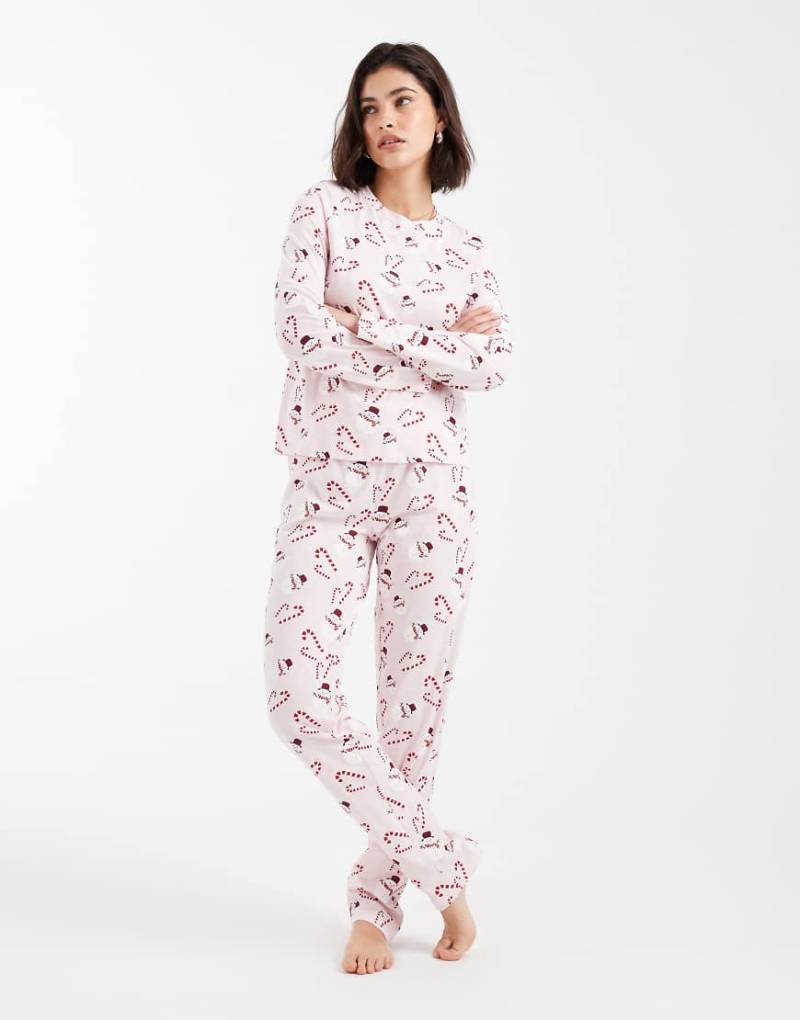 Pieces - Weihnachtlicher, langärmliger Pyjama in Rosa mit Schneemann-Print von Pieces