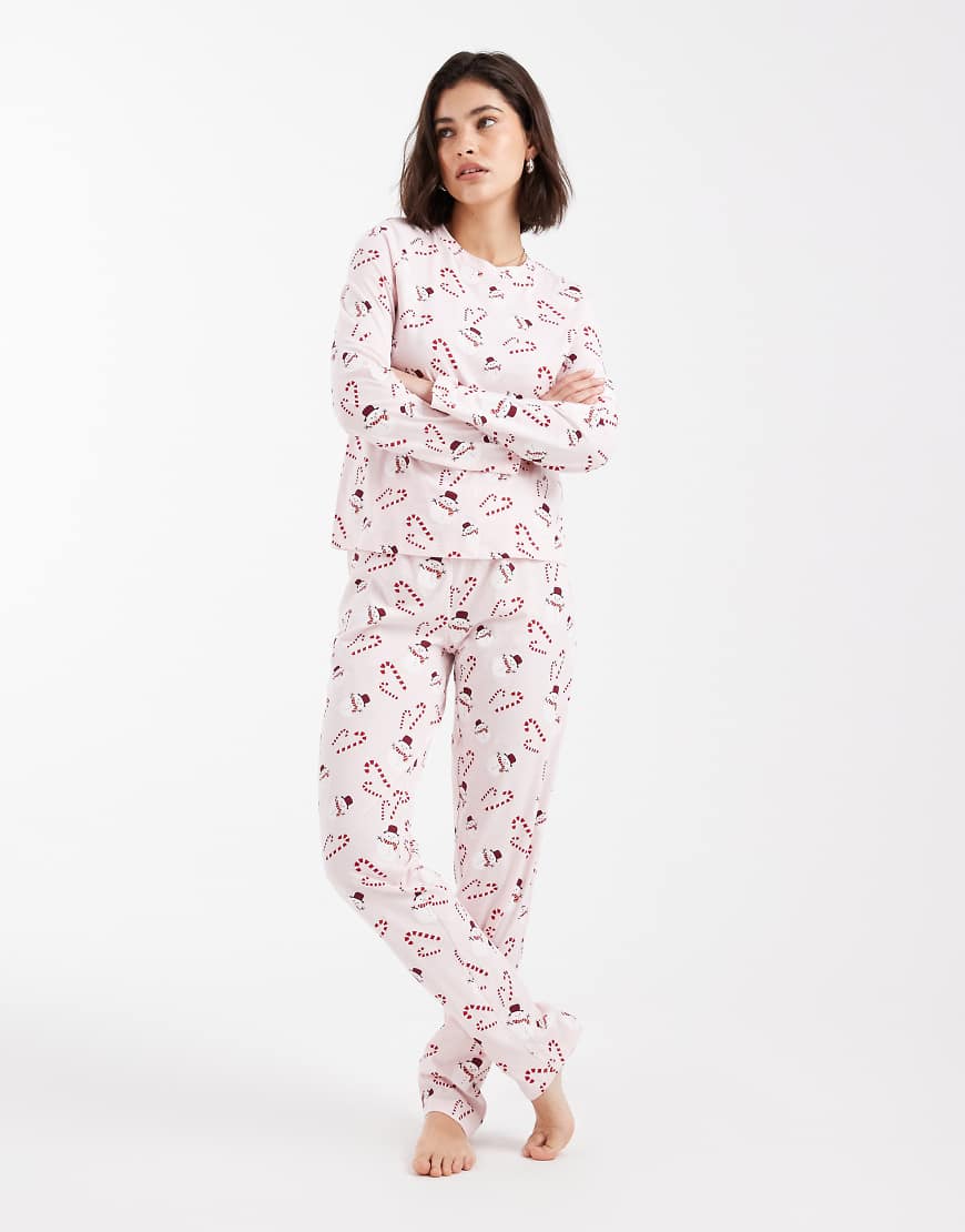 Pieces - Weihnachtlicher, langärmliger Pyjama in Rosa mit Schneemann-Print von Pieces