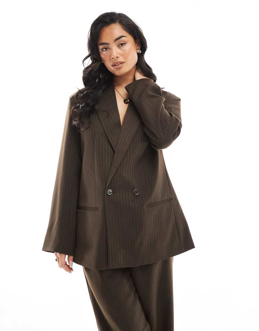 Pieces - Zweireihiger, eleganter Blazer in Schokobraun mit Nadelstreifen, Kombiteil von Pieces