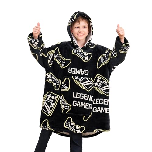 Piefry Gamer Kapuzenpullover für Jungen, Kinder Kapuzensweatshirt, Oversized Hoodie Decke für Teenager (Gamer-Schwarz, 11-12 Jahre) von Piefry