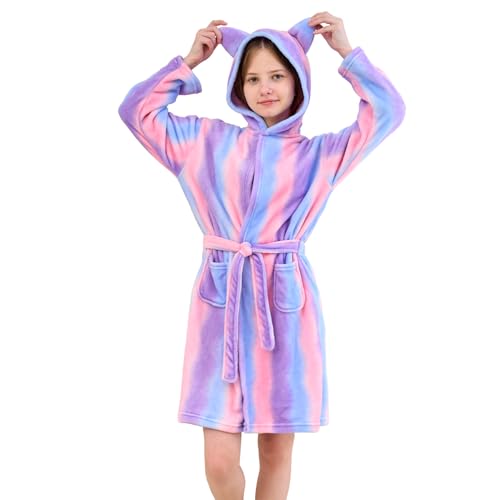 Piefry Katzen Bademantel für Mädchen Weiches Fleece Morgenmäntel mit Kapuze und Katzenohren (Lila Streifen, 8-9 Jahre) von Piefry