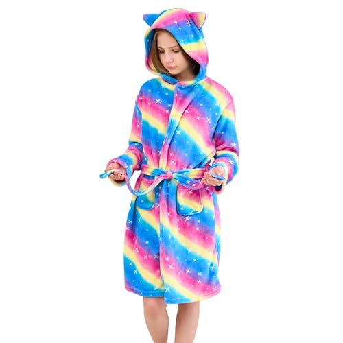 Piefry Katzen Bademantel für Mädchen Weiches Fleece Morgenmäntel mit Kapuze und Katzenohren (Regenbogen, 4-5 Jahre) von Piefry