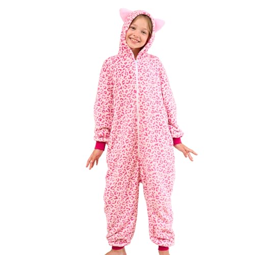 Piefry Schlafstrampler mit Katzenohren für Mädchen - Weicher Katze Strampelanzug Schlafoveralls für Kinder (Leopard Rosa, 9-10 Jahre) von Piefry