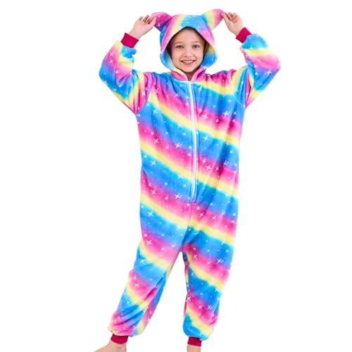 Piefry Schlafstrampler mit Katzenohren für Mädchen - Weicher Katze Strampelanzug Schlafoveralls für Kinder (Regenbogen, 7-8 Jahre) von Piefry