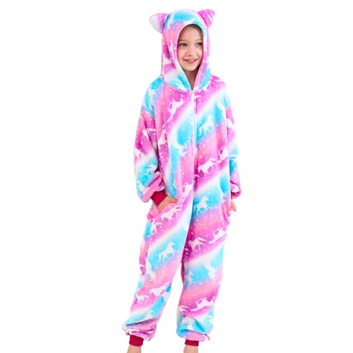 Piefry Schlafstrampler mit Katzenohren für Mädchen - Weicher Katze Strampelanzug Schlafoveralls für Kinder (Rosa/Lila Einhorn, 7-8 Jahre) von Piefry