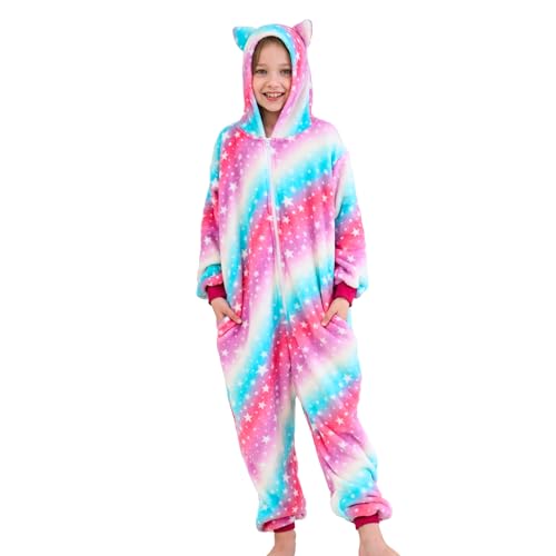 Piefry Schlafstrampler mit Katzenohren für Mädchen - Weicher Katze Strampelanzug Schlafoveralls für Kinder (Rosa/Lila Sterne, 10-12 Jahre) von Piefry