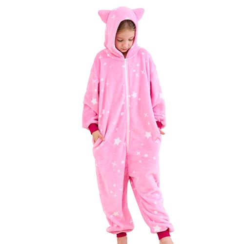 Piefry Schlafstrampler mit Katzenohren für Mädchen - Weicher Katze Strampelanzug Schlafoveralls für Kinder (Rosensterne, 7-8 Jahre) von Piefry