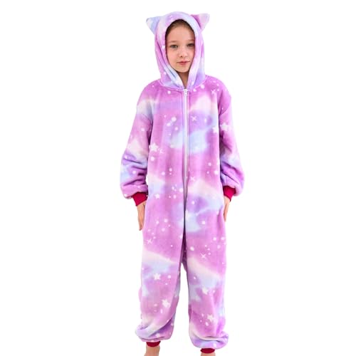 Piefry Schlafstrampler mit Katzenohren für Mädchen - Weicher Katze Strampelanzug Schlafoveralls für Kinder (Violette Sterne, 7-8 Jahre) von Piefry