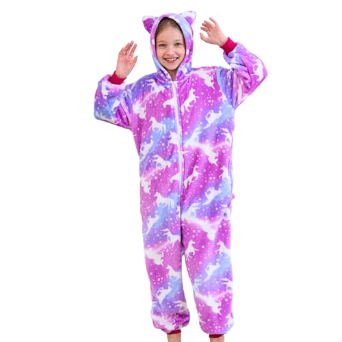 Piefry Schlafstrampler mit Katzenohren für Mädchen - Weicher Katze Strampelanzug Schlafoveralls für Kinder (Violettes Einhorn, 7-8 Jahre) von Piefry