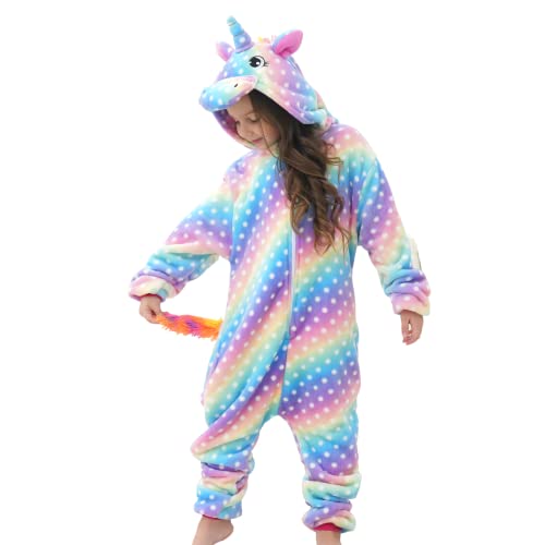 Piefry Weiche Einhorn Schlafstrampler Strampelanzug Einhorn Schlafoveralls für Mädchen (Regenbogen Punkte, 5-6 Jahre) von Piefry