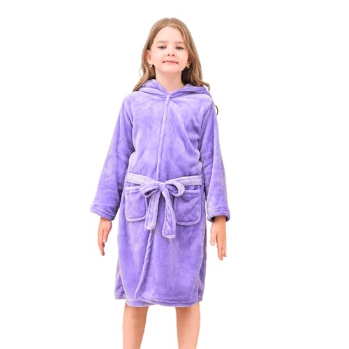 Piefry Weicher Bademantel mit Kapuze für Mädchen Fleece Morgenmantel Nachtwäsche Kinder (Lavendel, 5-6 Jahre) von Piefry