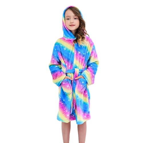 Piefry Weicher Bademantel mit Kapuze für Mädchen Fleece Morgenmantel Nachtwäsche Kinder (Regenbogen, 12-13 Jahre) von Piefry