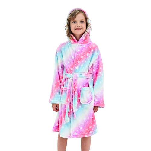 Piefry Weicher Bademantel mit Kapuze für Mädchen Fleece Morgenmantel Nachtwäsche Kinder (Rosa/Lila Sterne, 5-6 Jahre) von Piefry