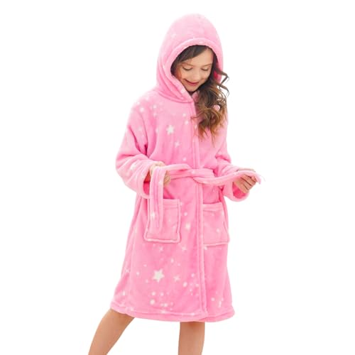 Piefry Weicher Bademantel mit Kapuze für Mädchen Fleece Morgenmantel Nachtwäsche Kinder (Rosensterne, 14-16 Jahre) von Piefry